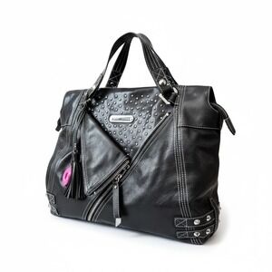 Betsey Johnson Black Leather Studded Moto Tote Satchel Crossbody Bag "Zip to It"